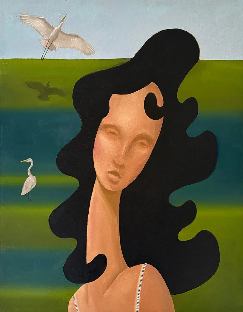 A stylized painting of a woman with black curly hair, her eyes closed, standing outdoors with a green landscape and blue water behind her. Two white herons are flying in the sky.