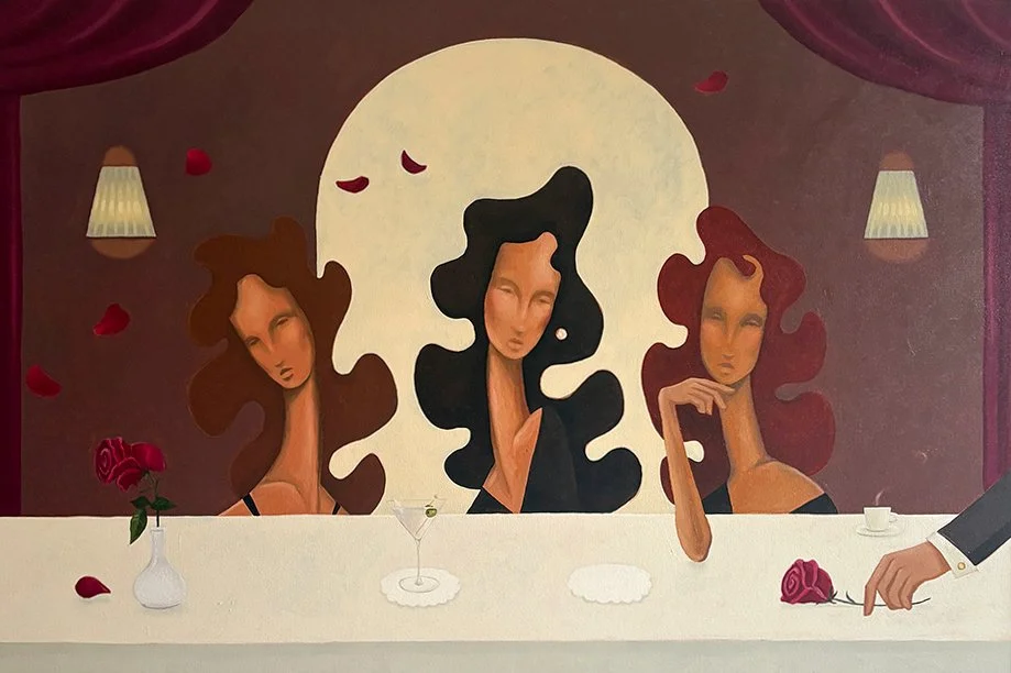 Artistic mural of three women with wavy hair at a dining table, with a large moon in the background, red rose and petals, and a hand placing a rose on the table.
