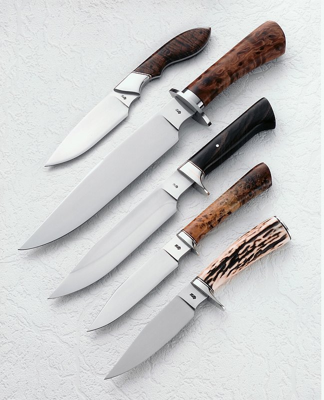 These are the five knives I used to pass my American Bladesmith Society Journeyman Smith test. The knives are submitted to a panel of six judges who critique the overall appearance, fit, and finish of the knives to determine if the quality of the m