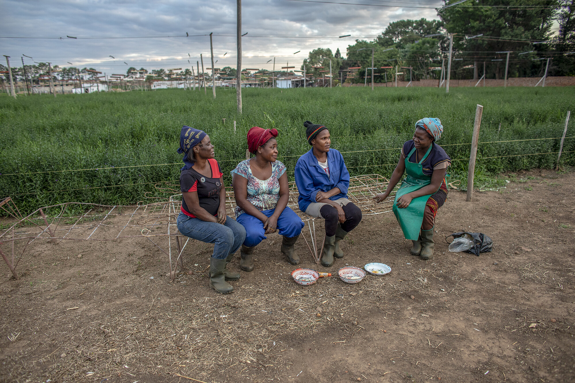  October 21, 2018: Roselyn and her fellow grading shed colleagues chat during a dinner break on a day when they had a long shift. When they work into the night dinner is provided for them.  