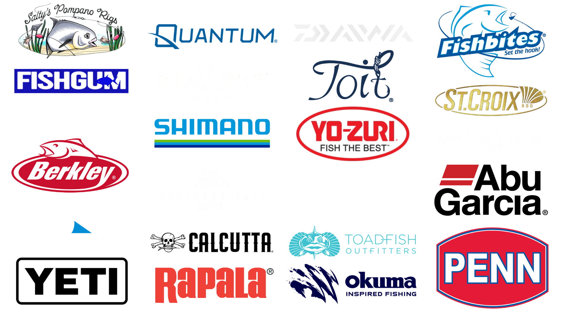 Compilation of various fishing brand logos including such as Sabiki's Pomparo Rigs, Quantum, Daiwa, Fishbits, Fishgum, SeaVix Gear, Tolt, St. Crois BOD, Yo-Zuri, Shinano, Berkley, Soar Fishing Products, Southern Salt Bat Co., Hollie, MicroLure, Calcutta, Toadfish Outfitters, PENN, YETI, Rapala, Okuma.