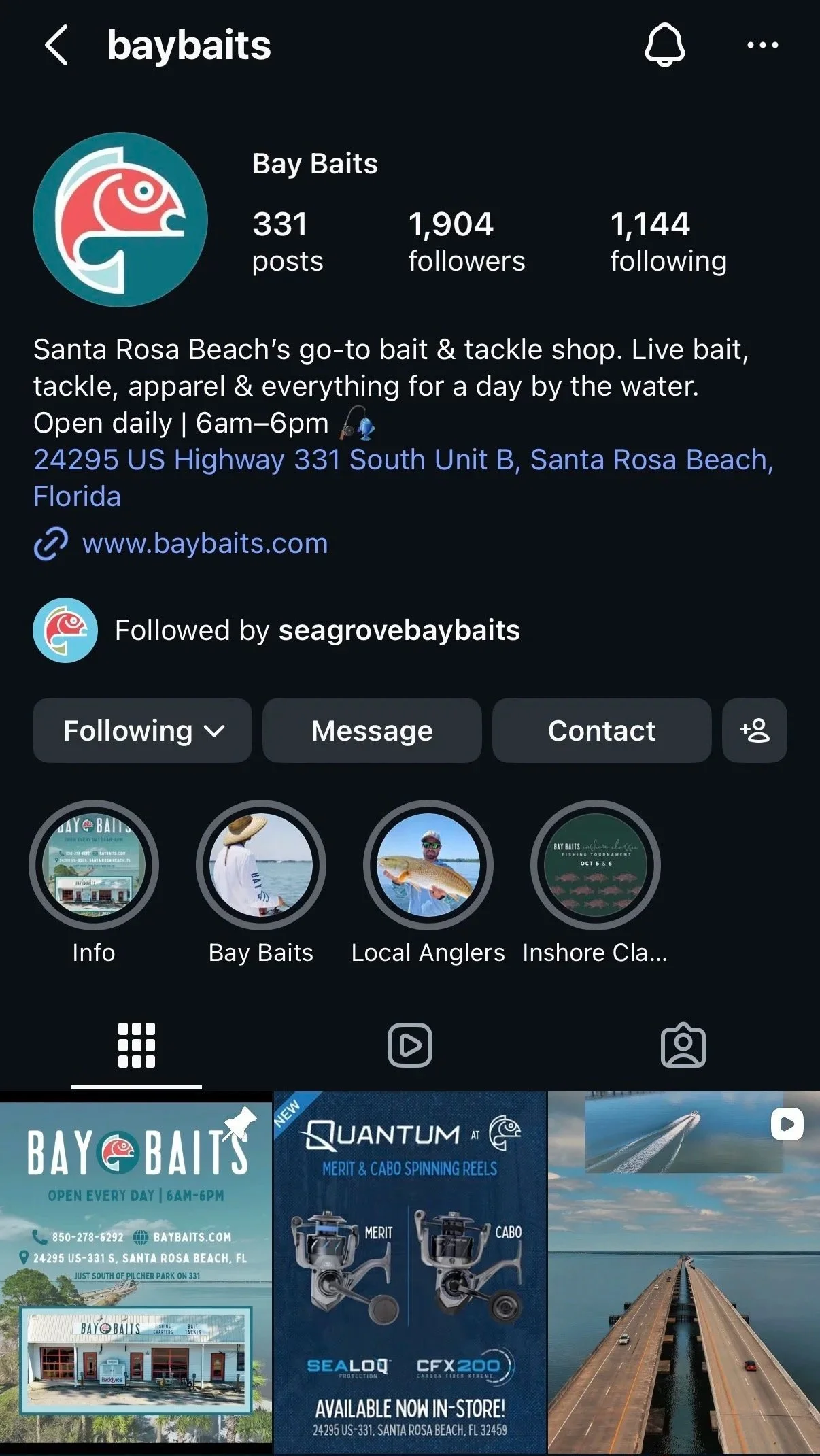Instagram profile page for Bay Baits, a bait and tackle shop in Santa Rosa Beach, Florida, featuring store hours, location, and promotional images of fishing equipment and the pier.