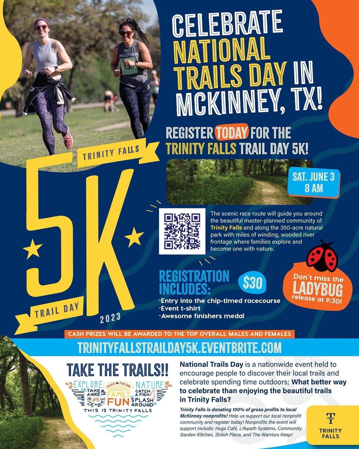 Celebrate National Trails Day with @trinityfallstx at the Trinity Falls Trail Day 5k!🐞☀️🌲

☀️The scenic race route will guide you around the beautiful master-planned community of Trinity Falls and along the 350-acre natural park with miles of windi