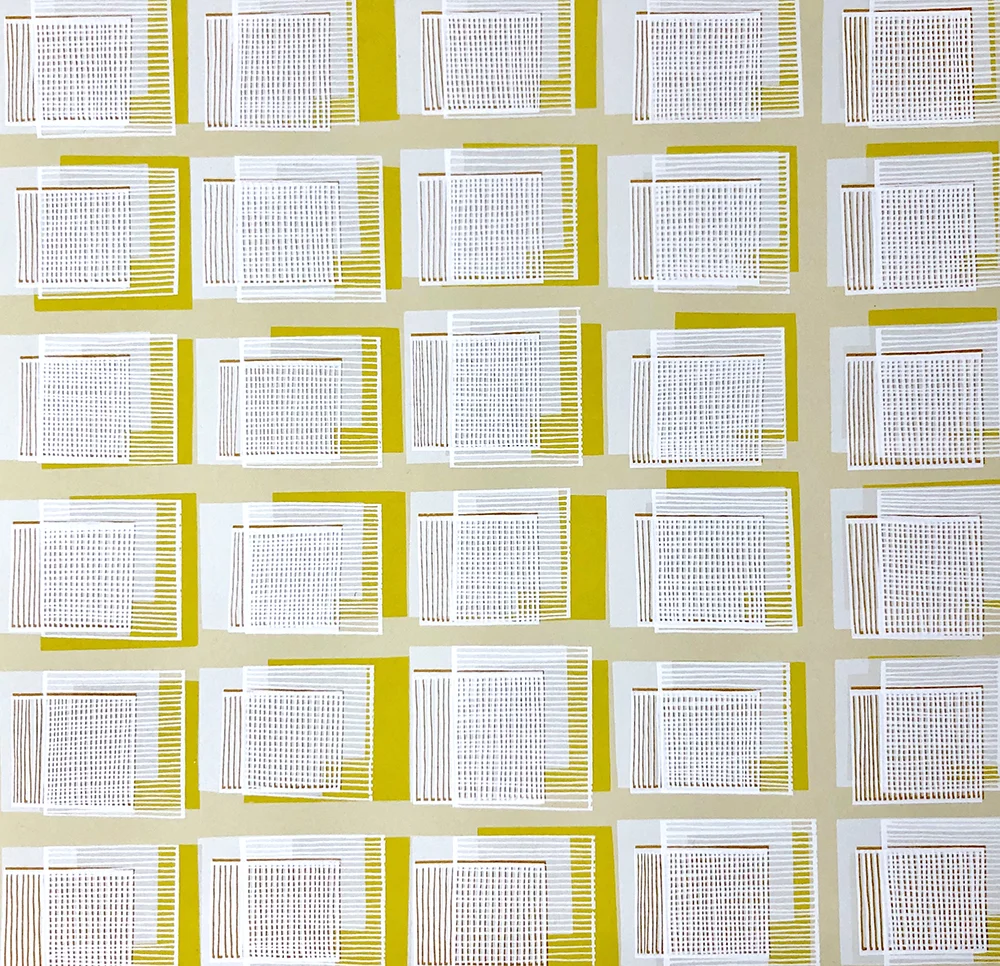Woven line 2 6 colour screen-print on 270gsm, edition of 1. 30 x 30cm, 2019.