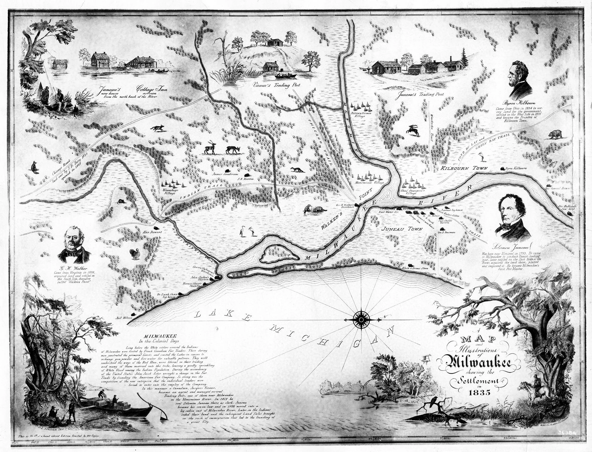 Map of Milwaukee print, circa 1835 showing founding fathers, Lake Michigan, Milwaukee, Menomonee rivers, and Kinnickinnic rivers (at this time, named Kinnickinnic creek) and Native American villages.