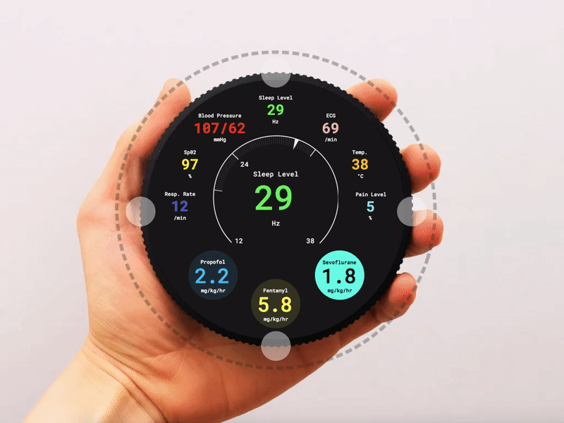 Sandbox's execution mode When executing changes 4 fingers are placed at touch points on the outer edge of the Sandbox and holding on for 3 seconds, to avoid accidental changes to the selected values. The product provides the nurse with feedback through haptics and a green completing ring. 