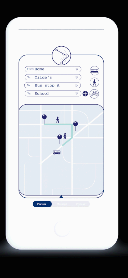 Parent & child set pins on the route. The designed device Ebbe is "magnetically" attracted to those pins.