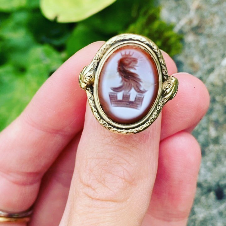 Antique 19th Century Intaglio Ring. Beautiful gold mount with snakes. Nice!!!! #antiquejewellery #antiquedealersofinstagram #antiquering #showmeyourring #antiqueintaglio #georgianring  #georgianjewellery #familycrest #antiquefindsbygoldfinch Personal