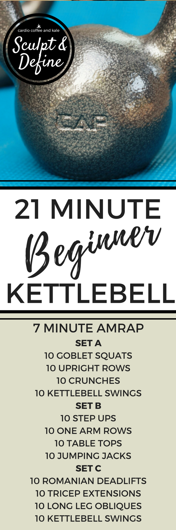 21 Minute Beginner Full Body Kettlebell Workout cardio coffee and kale