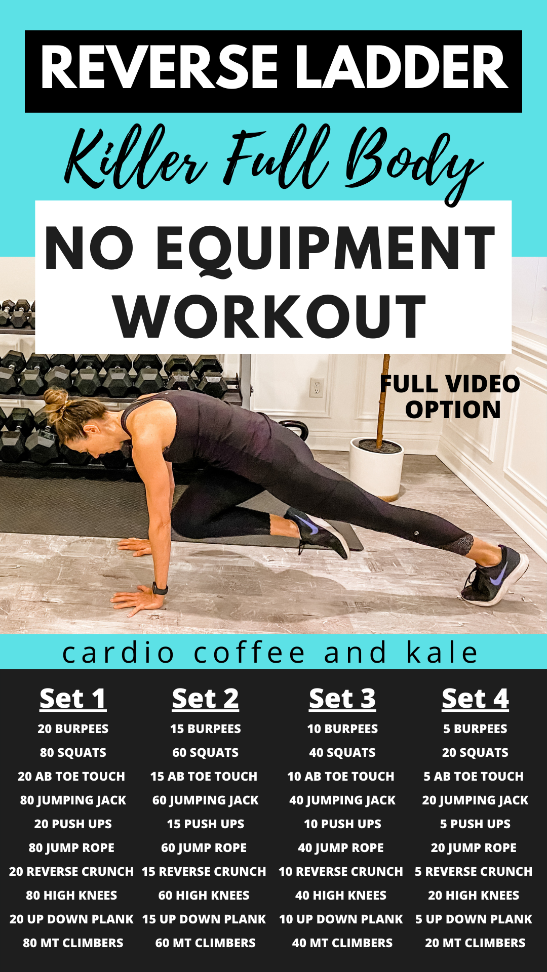Pin this Killer Reverse Ladder Full Body Workout that you can do anywhere!  No equipment needed! Full Video workout available too