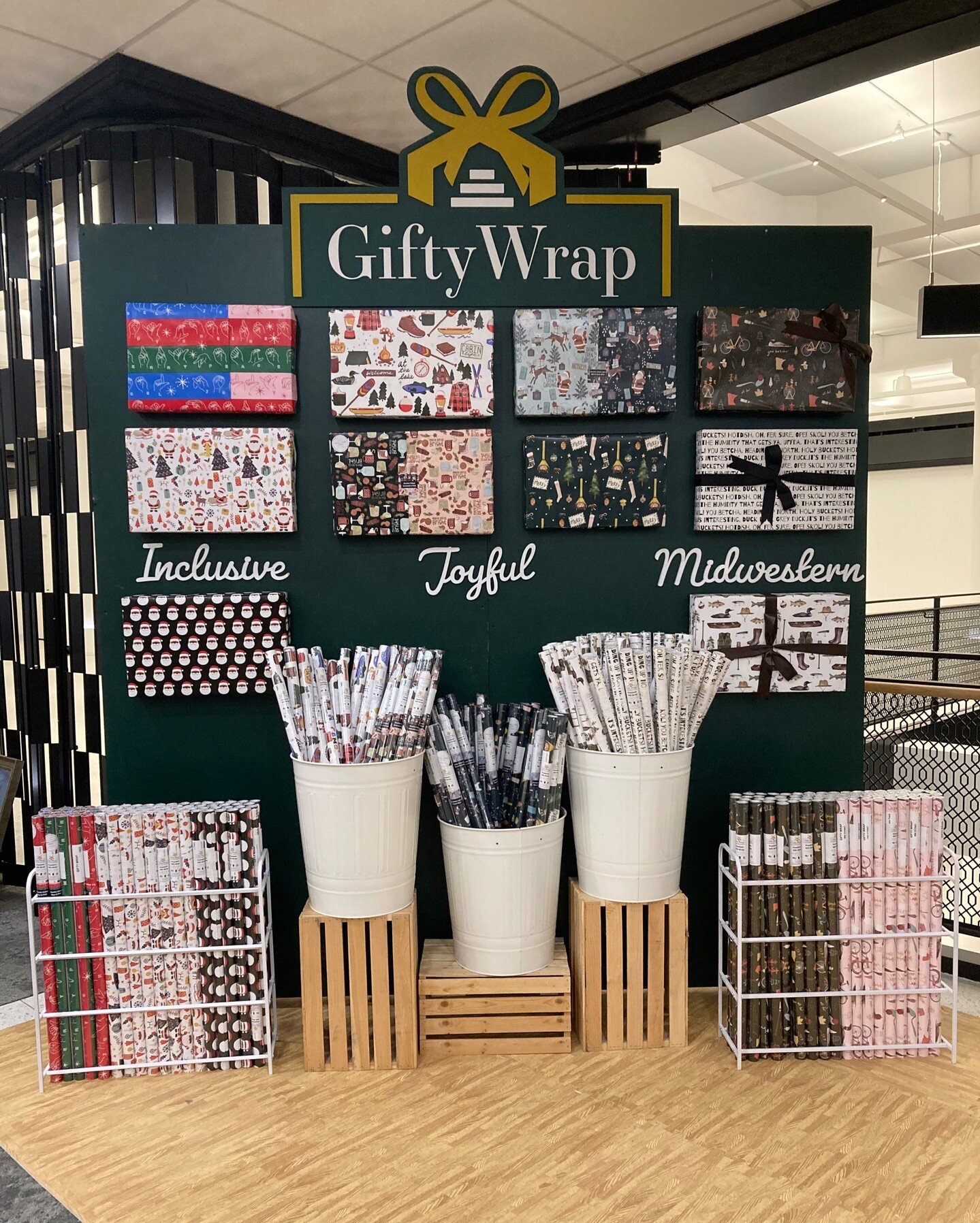 @GiftyWrap had us make a logo sign and a few product headers for her pop up display in the @DaytonsProject in downtown Minneapolis. GiftyWrap sells recyclable gift wrapping paper that is inclusive, joyful, and inspired by the midwest. A great message