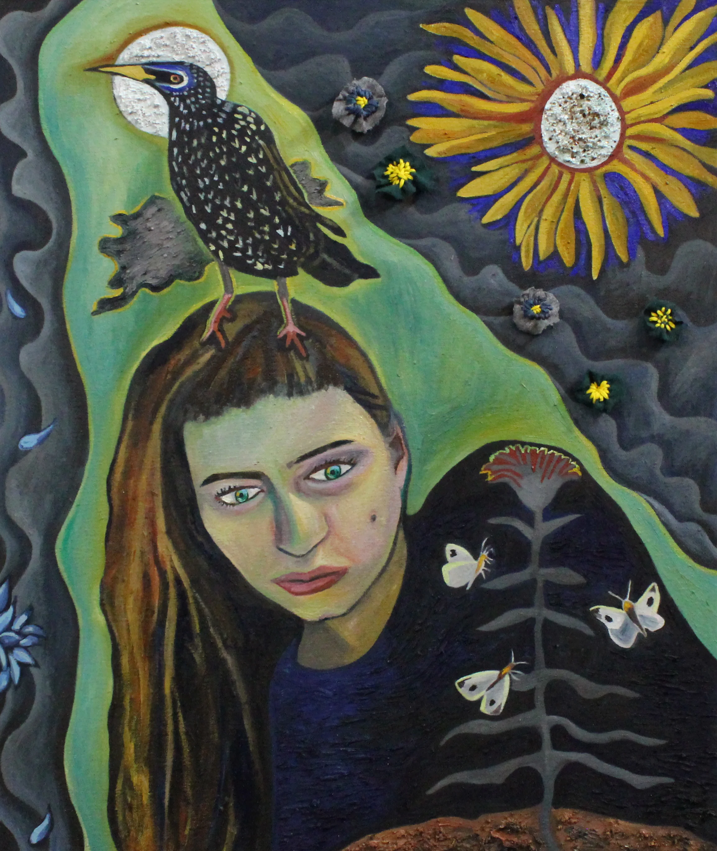Self Portrait with Starling, 15” x 18”, oil, 2019