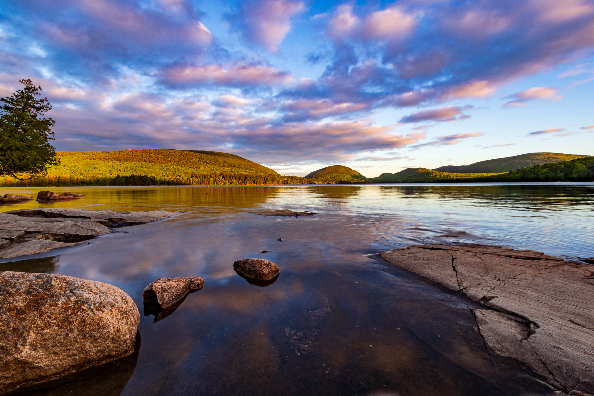  HDR image of Eagle Lake in Acadia National Park.
I wanted to capture the detail in the rocks in the foreground without blowing out the colors in the sky during sunset. 