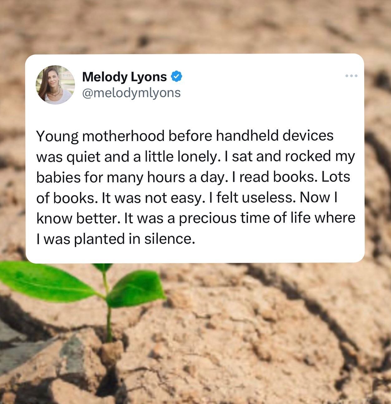 PLANTED. 🌱

Young motherhood before handheld devices was quiet and a little lonely. I sat and rocked my babies for many hours a day.

I read books. Lots of books. It was not easy. I felt useless. Now I know better. It was a precious time of life whe