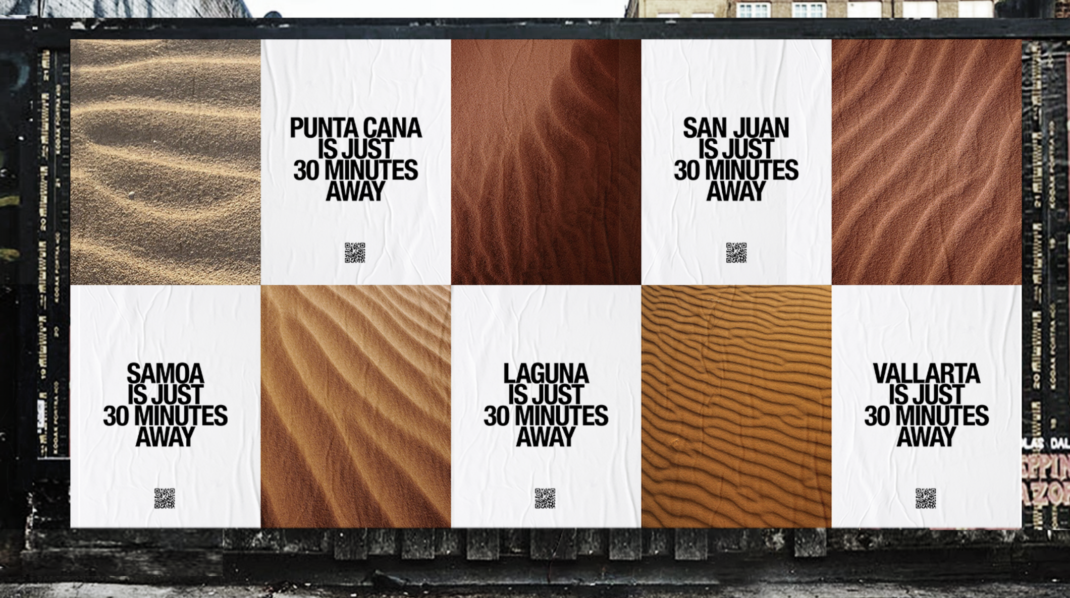 Billboard advertisement with images of sand dunes and text stating that Punta Cana, San Juan, Samoa, Laguna, and Vallarta are each just 30 minutes away.