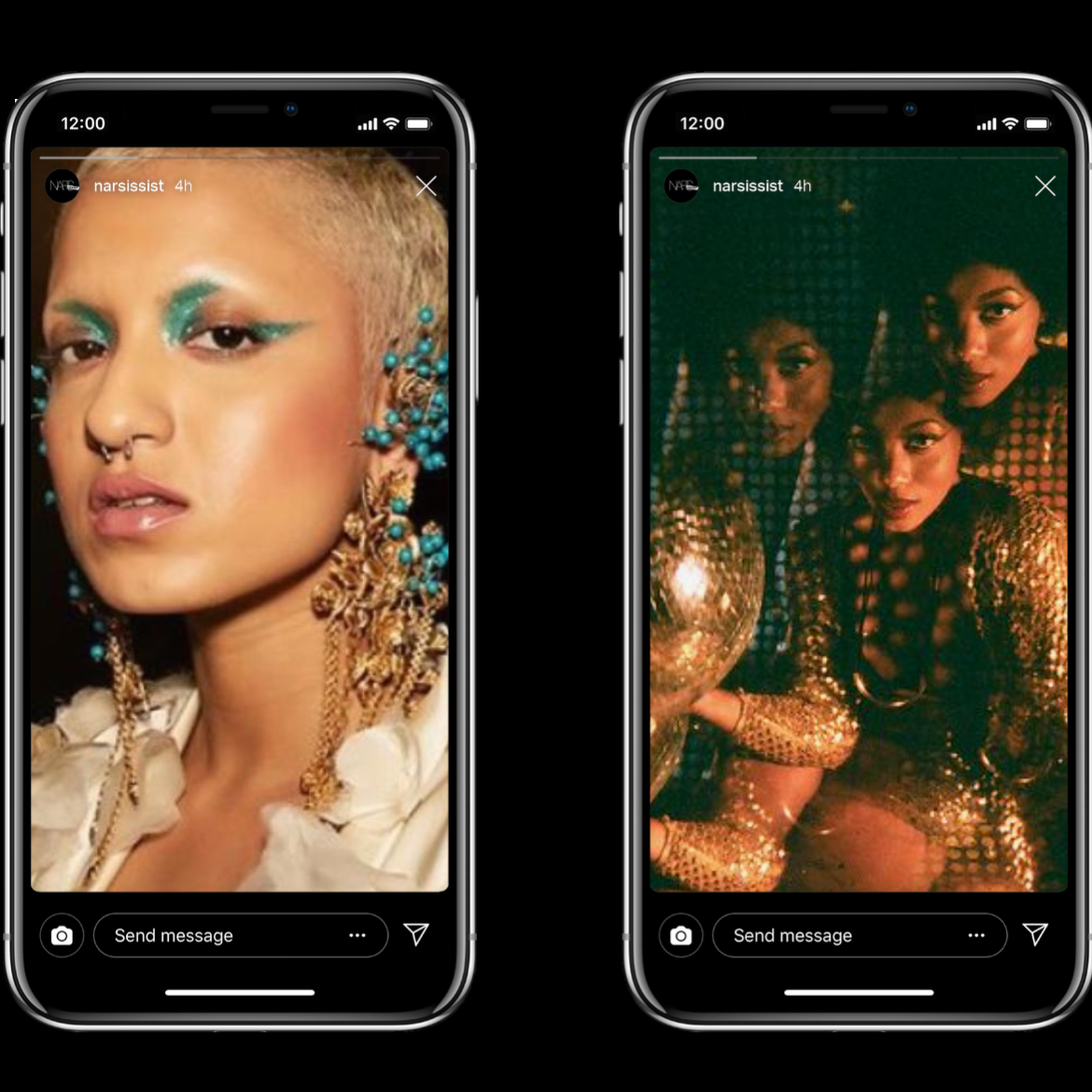 Two smartphone screens displaying social media stories of three women in gold and glittering outfits, with one woman on the left having short blonde hair and bold turquoise eye makeup, and the other two women on the right sitting close together, one holding a disco ball.