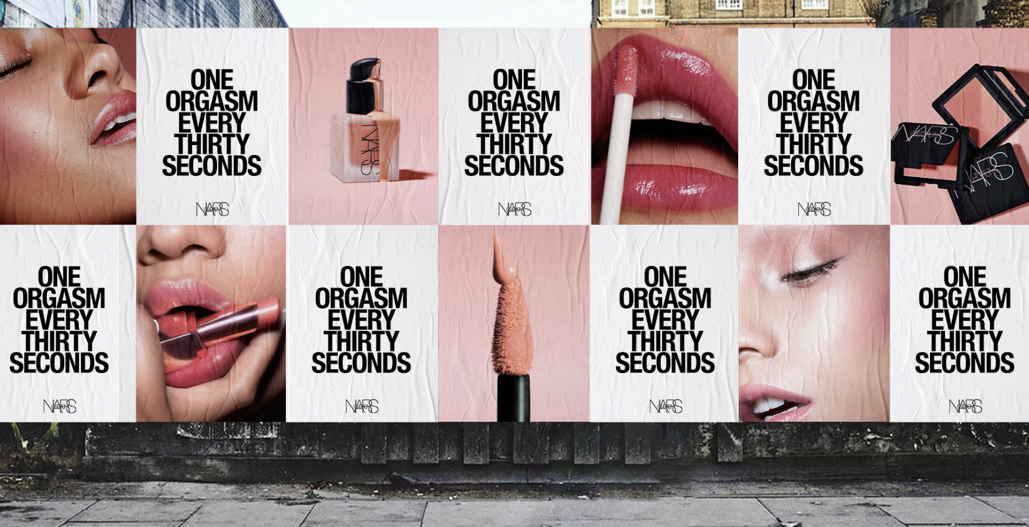 A collage of close-up photos of women's faces applying makeup, with slogans about orgasms and makeup products, including lipstick, blush, and foundation from NARS.