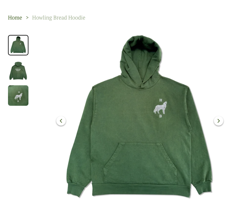 Green howling bread hoodie with a hood, front pouch pocket, and embroidered dog logo with the letters H, B, and a bone on the chest.