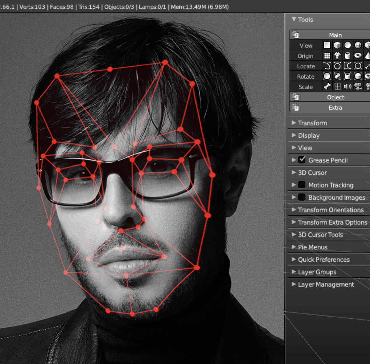 Black and white digital portrait of a man with glasses, with red facial recognition markers and lines over his face.