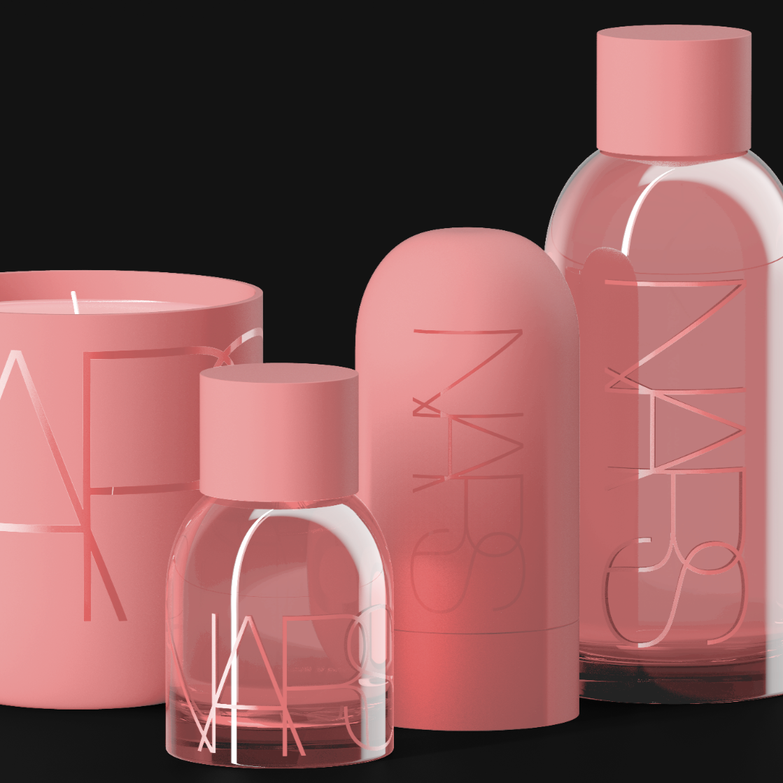 Collection of pink skincare or cosmetic bottles and containers with minimalist design, set against a black background.