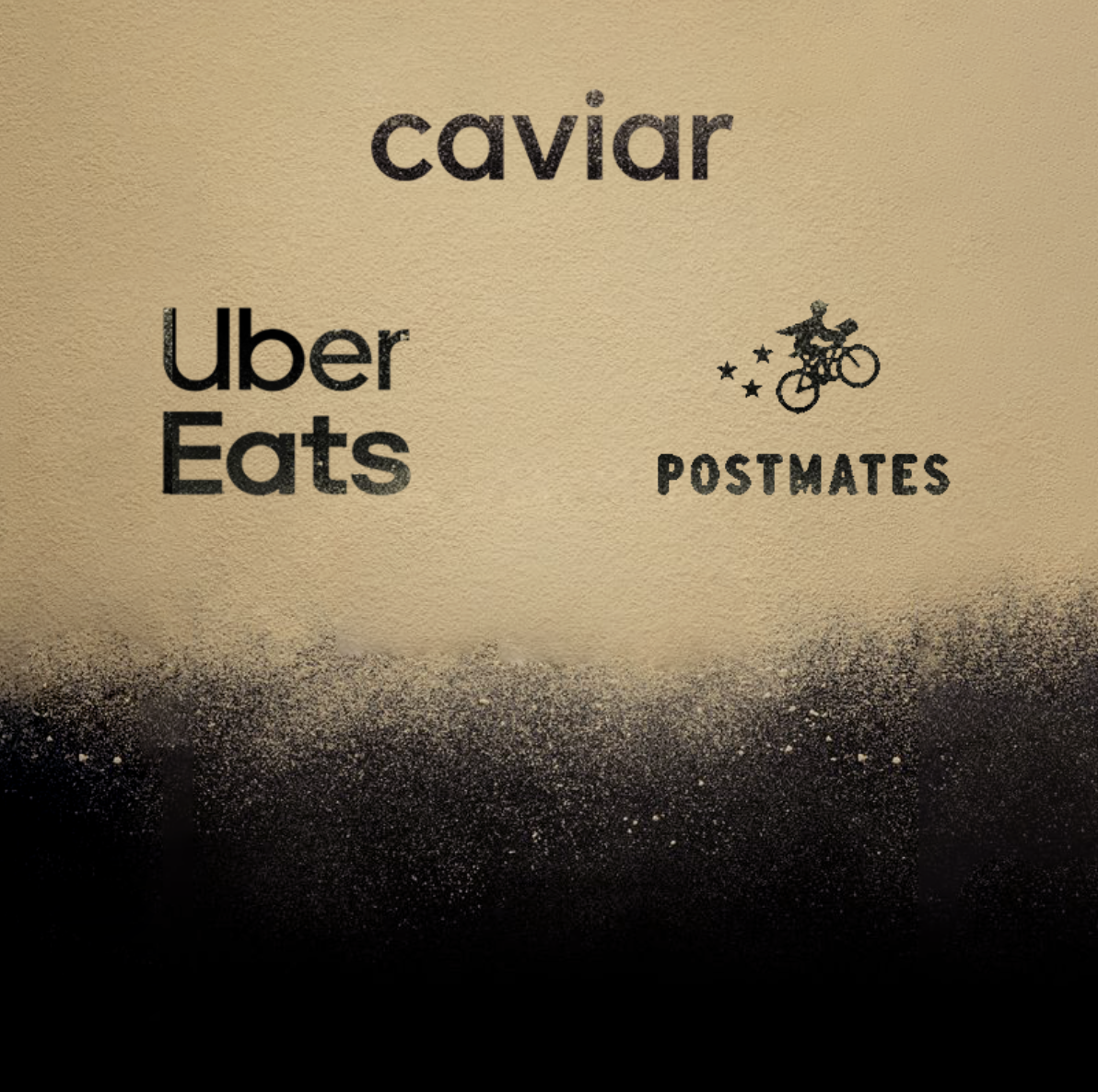 Image with the words "caviar", "Uber Eats", and "Postmates" on a beige background with black speckles at the bottom, and a graphic of a person riding a bicycle with stars near the Postmates logo.