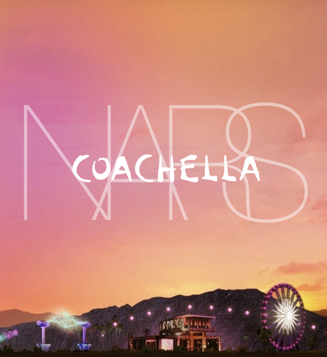 Colorful sunset over a Coachella landscape with mountains, a ferris wheel, and festival structures.