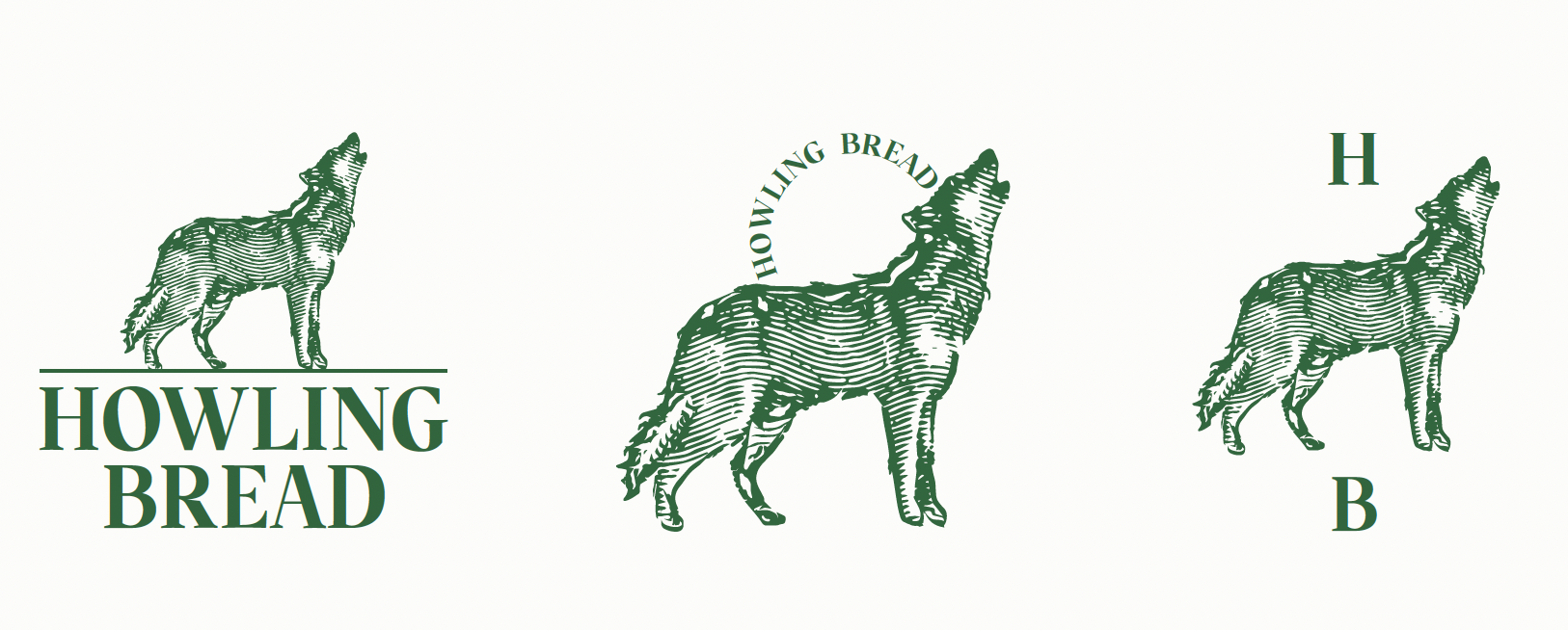 Three green line drawings of a howling wolf, each with different text. The first says 'HOWLING BREAD', the second 'HOWLING BREAD' in an arc, and the third 'H' and 'B' with the wolf in between.