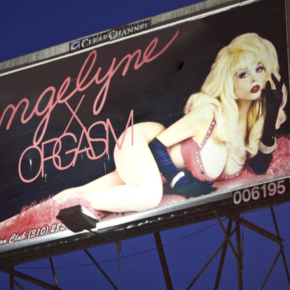 Billboard advertising a girl in lingerie with blonde hair, lying on her side, with the text "magnifique" and "O GASM" in pink. The billboard is for a nightclub, with a contact phone number at the bottom.