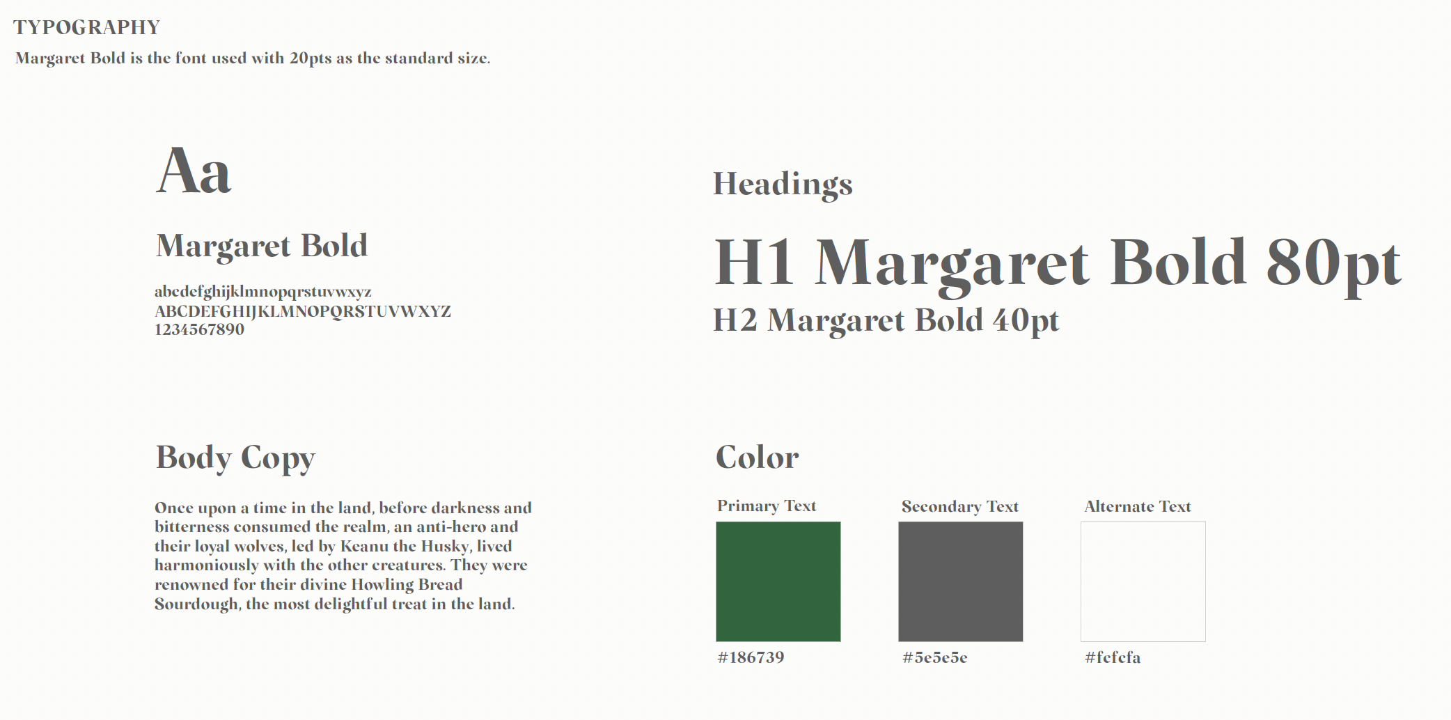 A layout design demonstrating different typography styles such as Arial and Georgia, and heading sizes from H1 to H2. The design includes a passage of body text about a mythical land with wolves and a description of colors with their hex codes, showc