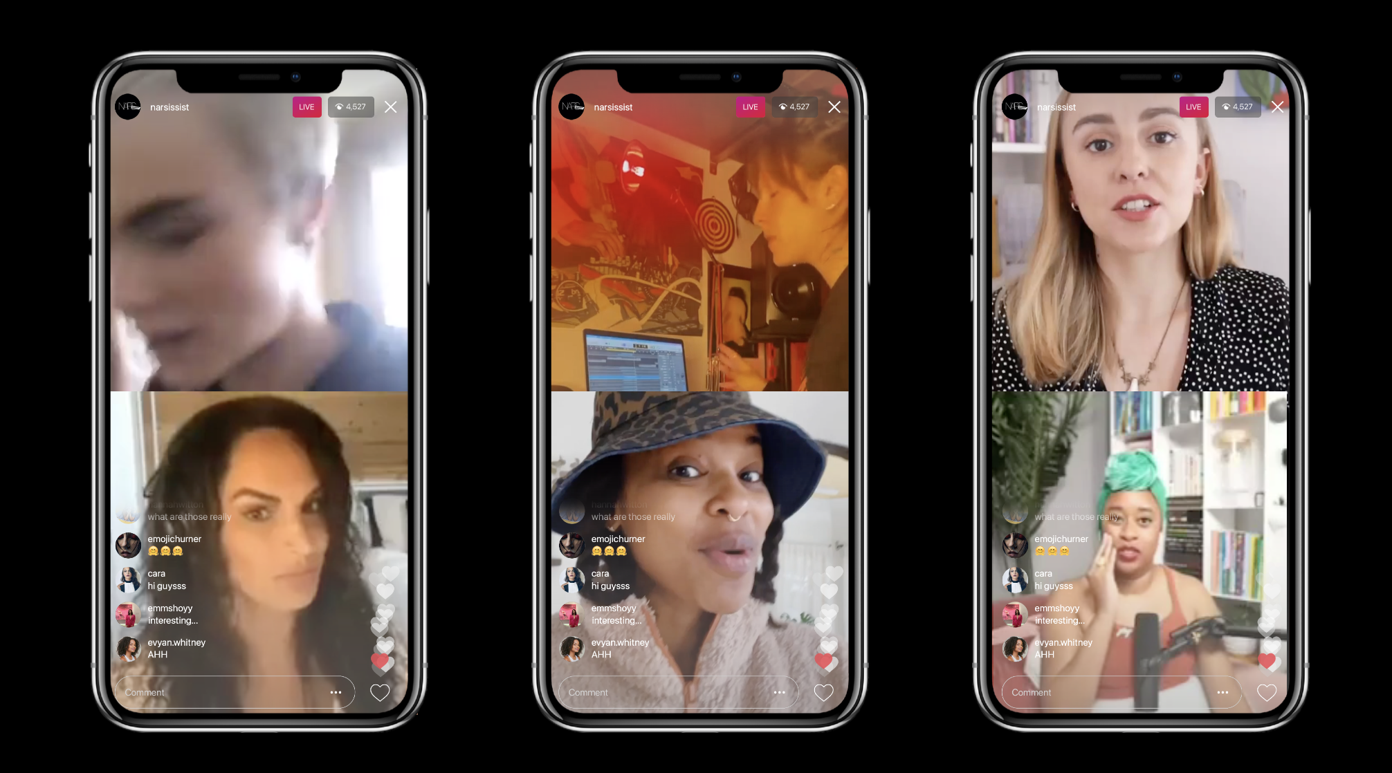 Three smartphones displaying live video chats with multiple participants, each showing different women in various indoor settings including a music studio, a living room, and a bookshelf, with comments and hearts visible on the screens.