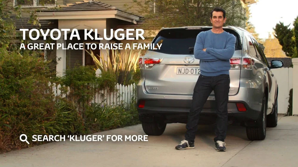 Toyota Kluger campaign with concepting of ‘A GREAT PLACE TO RAISE A FAMILY’ and ‘THE PHIL SEAT’ idea, featuring Ty Burrell. Scripts co-written with Modern Family creator Steven Levitan and Ten Generate's Michael Stanford. READ THE PRESS Saatchi & Saatchi.