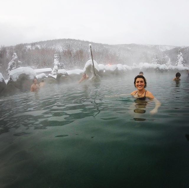 Perhaps the only photo of me smiling in Chena's natural hot spring. &quot;Hot&quot; spring might be an understatement, it was boiling. And I was scared I would sprout an extra head, but my skin looks great. #chenahotsprings #alaska #winterinalaska #y