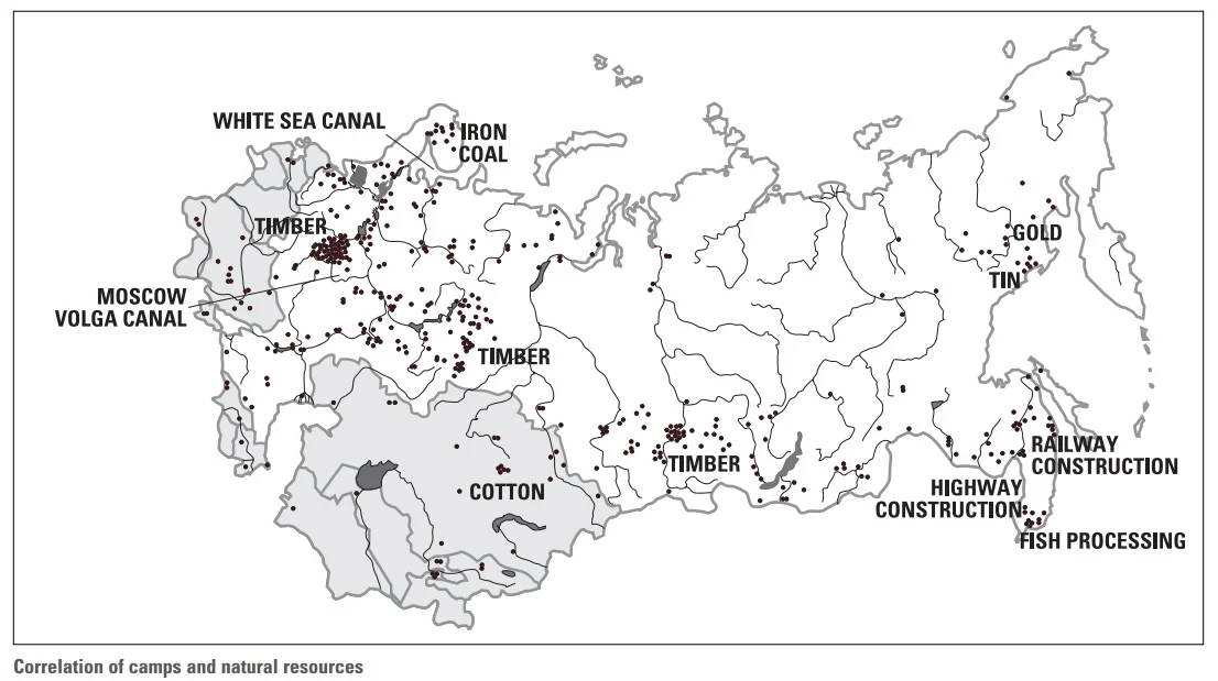 A map of Russia that shows the location of slave-labor camps throughout the country.