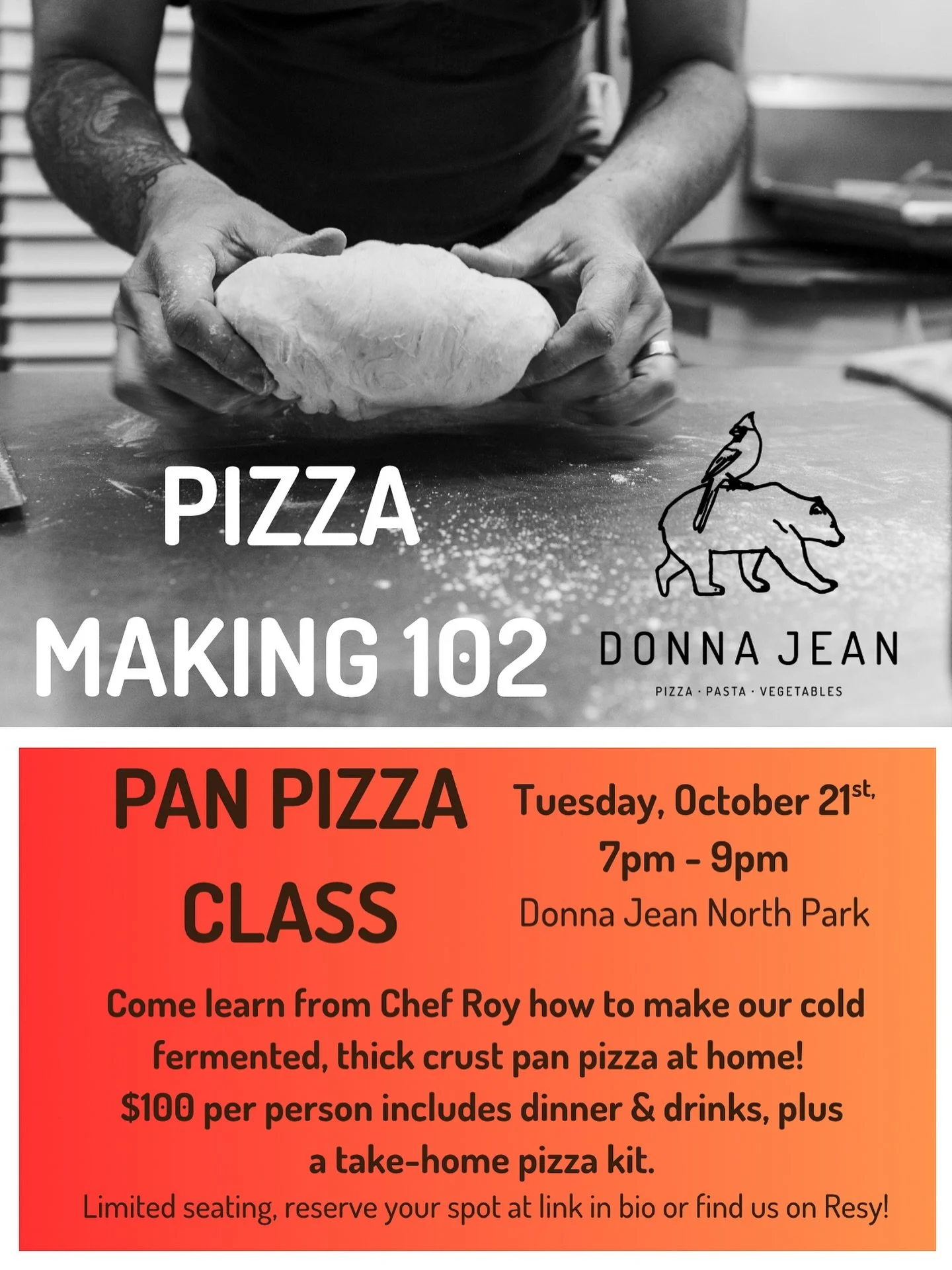 Join us &amp; our founding chef for a hands-on experience while you enjoy dinner and drinks - we&rsquo;ll guide you through our pizza making experience from start to finish, then you&rsquo;ll join us in the kitchen to make your own.

INCLUDED with yo