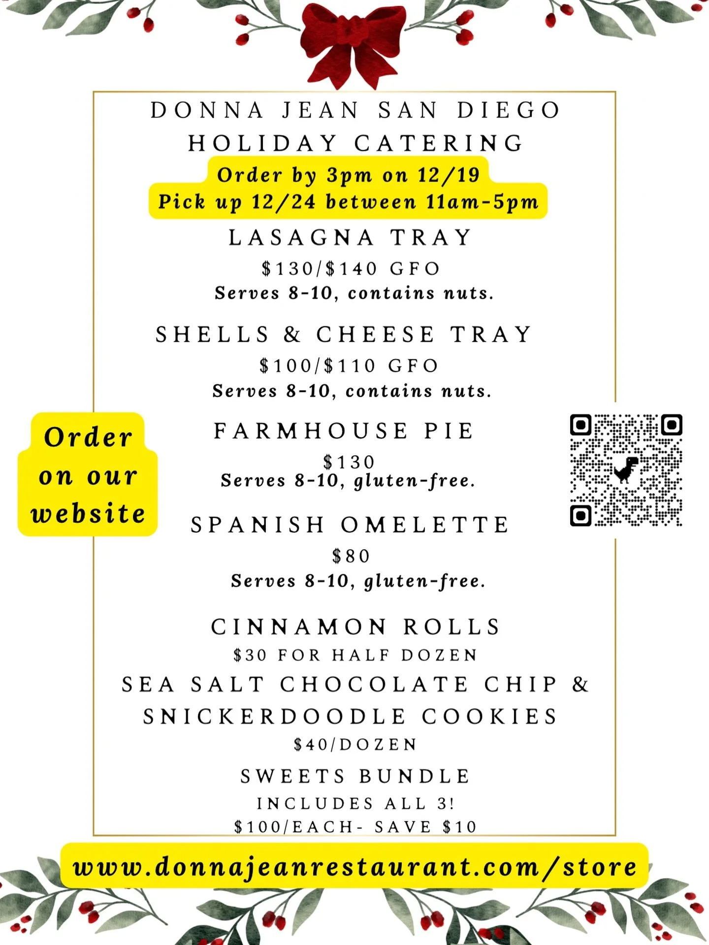Only 9 days until Christmas???? Crunch Time Activated 😛🏃🏼💨⌛️

Order your holiday catering by Friday at 3pm. 

Pick up 12/24 between 11am-5pm at Donna Jean North Park.
