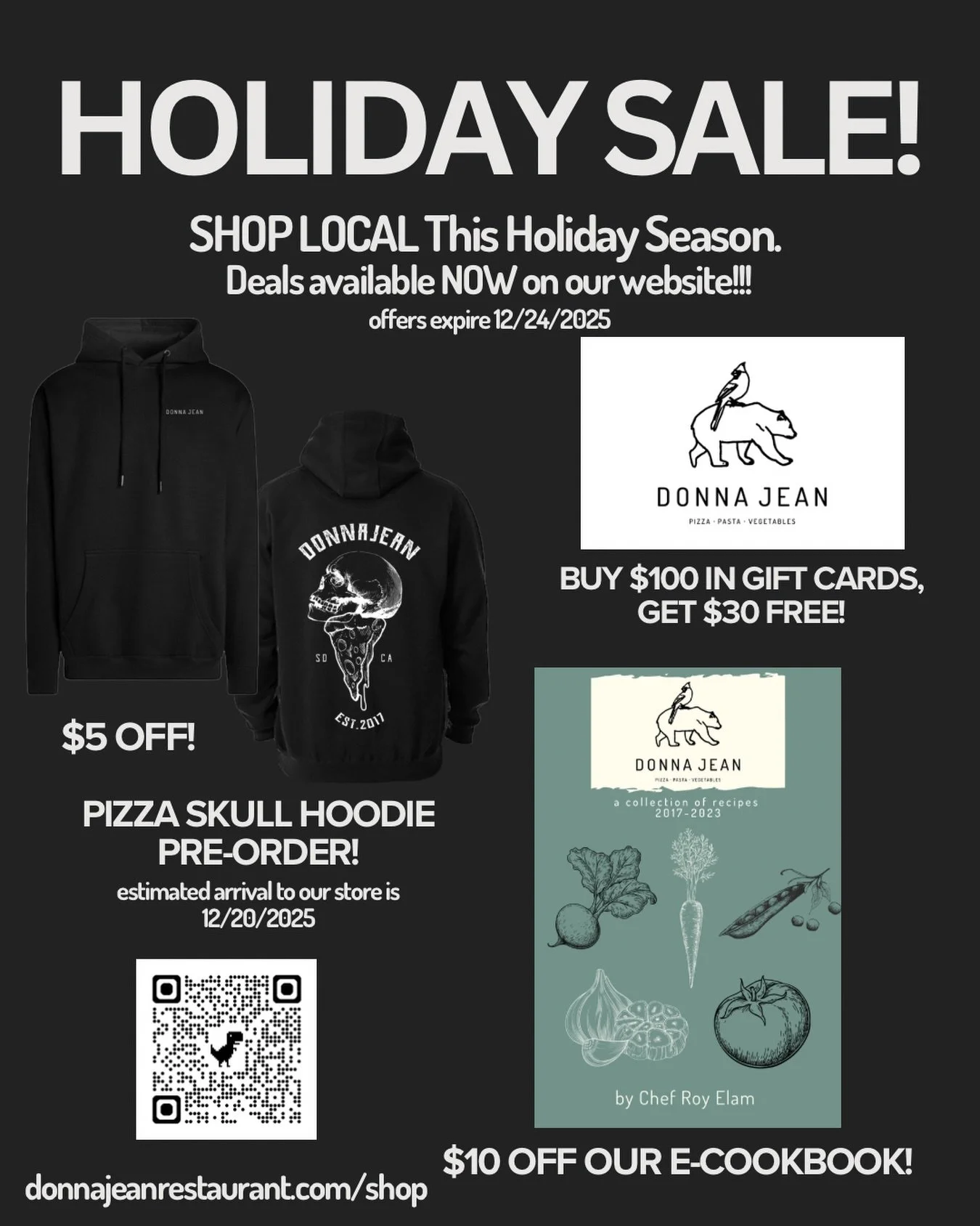 We brought back our biggest sale of the year to get you through the end of your shopping list! 

Cooking classes are also $15 off per person 😘

Shop local + don&rsquo;t give more money to Amazon.

Www.donnajeanrestaurant.com/shop
