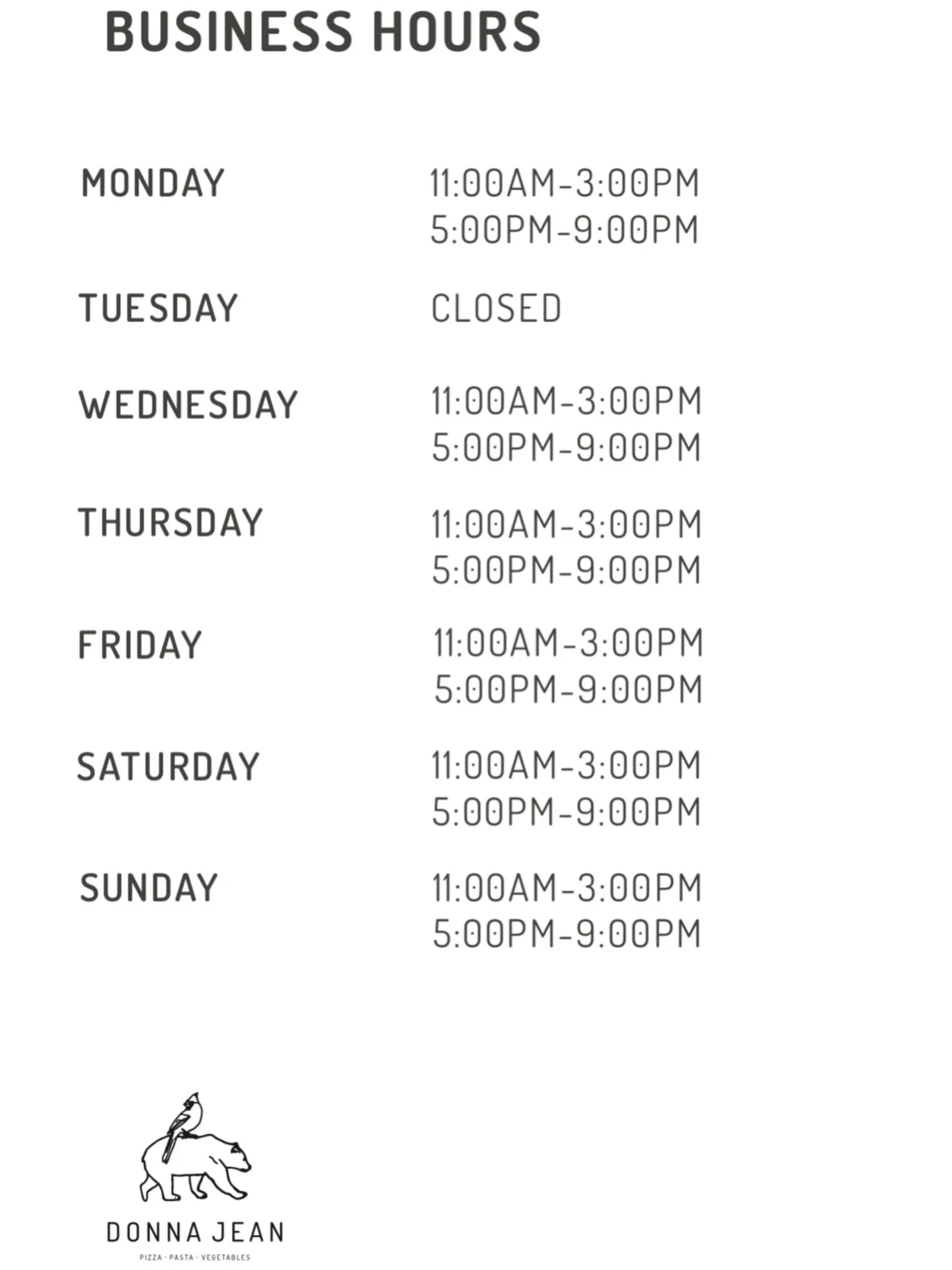 Starting next week 1/12/2026, we will be OPEN on Mondays again! 

Our new hours will be 11-3pm [BRUNCH] and 5-9pm [DINNER] every day except Tuesdays. 

Will you stop &amp; see us on a Monday?