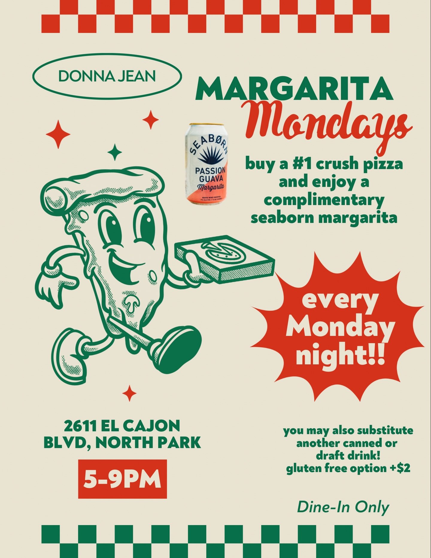 Let Margarita Mondays commence 👌

Come dine with us from 5-9pm every Monday night and enjoy a complimentary @seaborncocktails Margarita with your #1 Crush Pizza. 

Gluten-free available for +$2. 

🍕Plant-based Pizza in San Diego