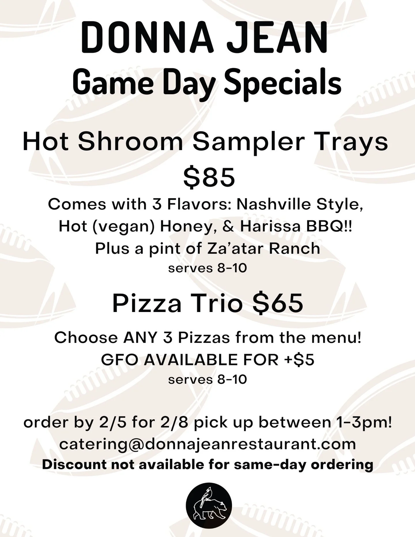Last chance to snag this deal! Save money on vegan pizzas for this Sunday 🍕💸🏈

Email to reserve yours: catering@donnajeanrestaurant.com