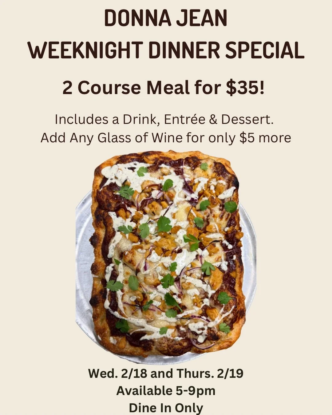 *Donna Jean Dinner Special is Back* 

This Wednesday &amp; Thursday!!!!!