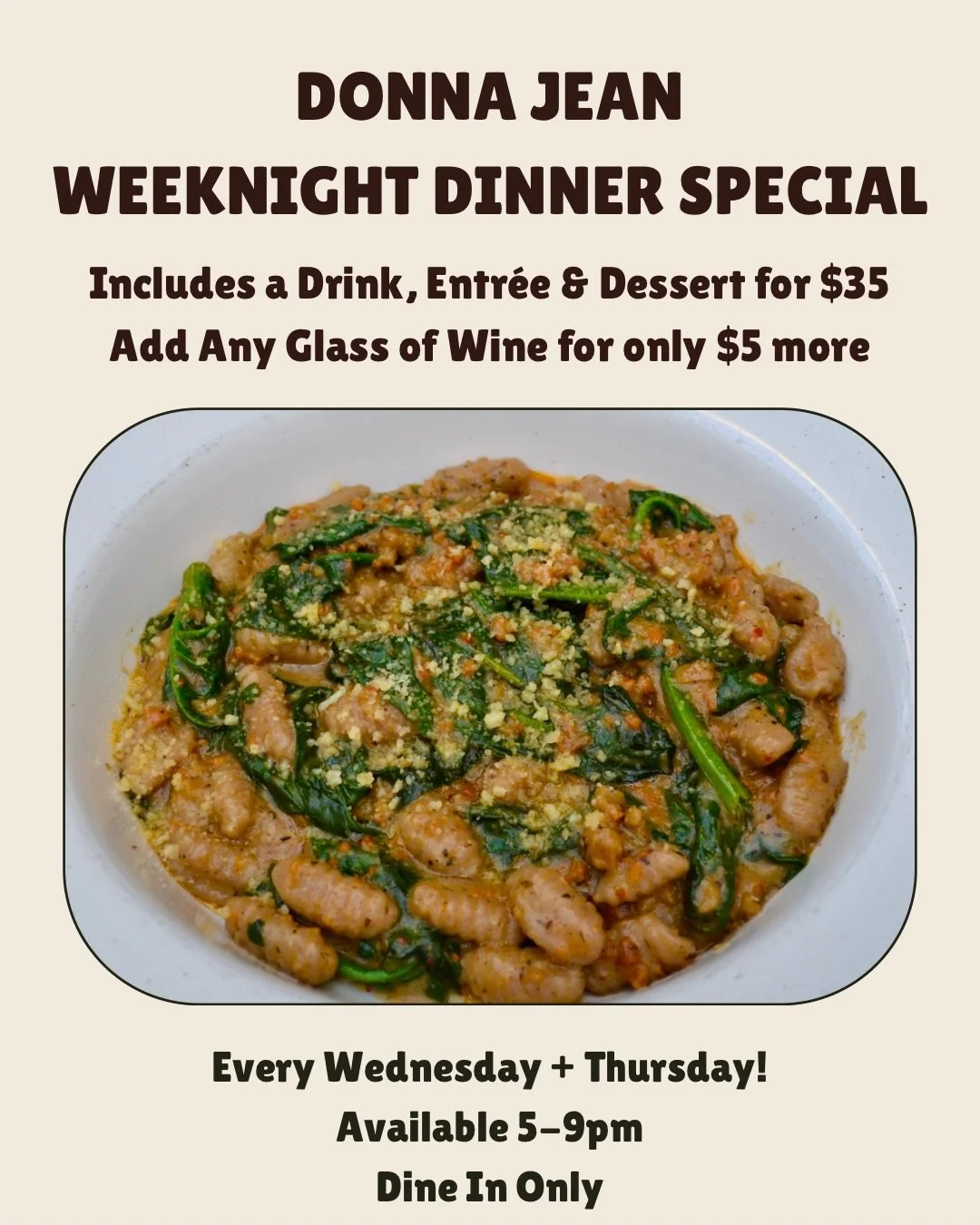 It&rsquo;s Wednesday and we&rsquo;re gearing up for another delicious week at Donna Jean. If you&rsquo;ve been meaning to come try our new spring menu items, there&rsquo;s no better time than the present! Our weeknight dinner deal is available Wednes