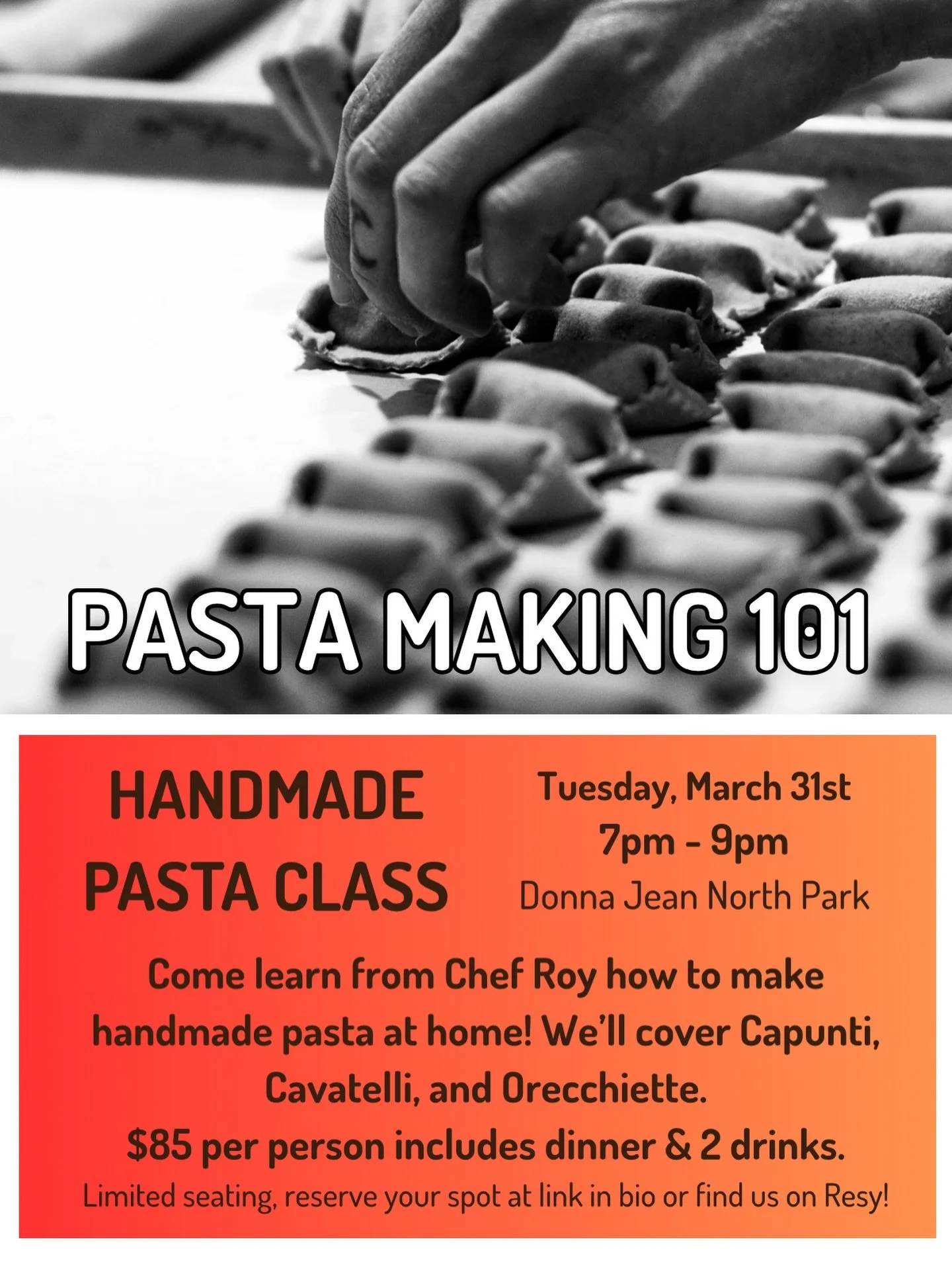 Our next Pasta Making 101 is live on Resy! 

Join Chef Roy Elam as we discuss the art of making pasta by hand- then roll up your sleeves &amp; make your own! Two drinks, salad, and pasta are included in your ticket. 🍷🍺🍝

Limited seating: reserve n