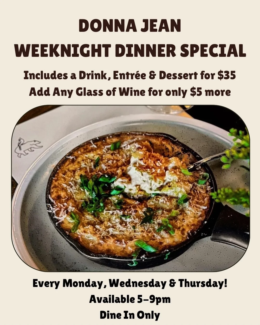 NOW AVAILABLE MONDAYS 📣📣

Our weeknight dinner deal is now available 3 nights a week&hellip;!!! there&rsquo;s officially no excuse to miss it 😇 grab your gal pal, your sister or your husband and come for a weeknight dinner at Donna Jean 🍕🥗🍝

En