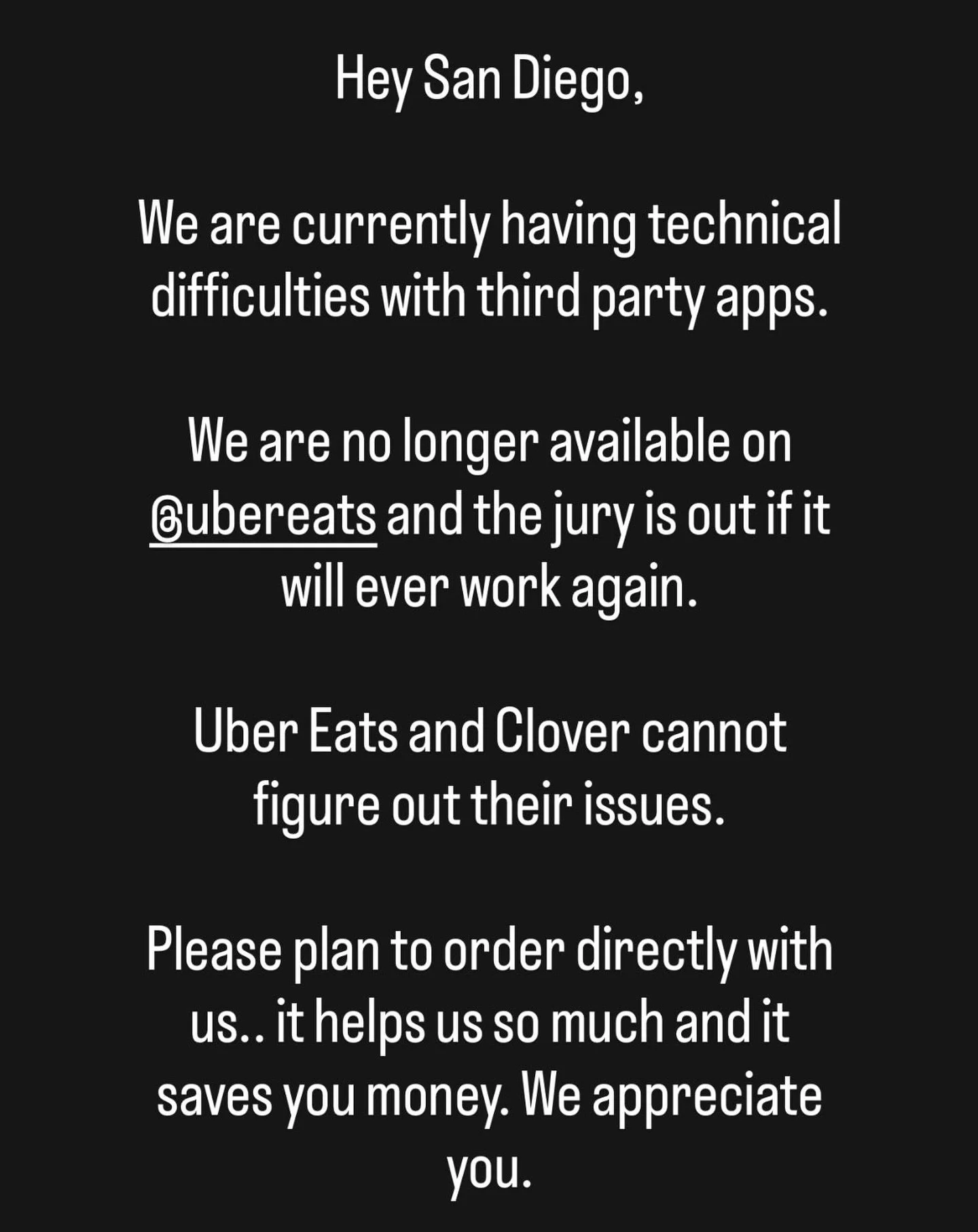 update for our friends who order delivery