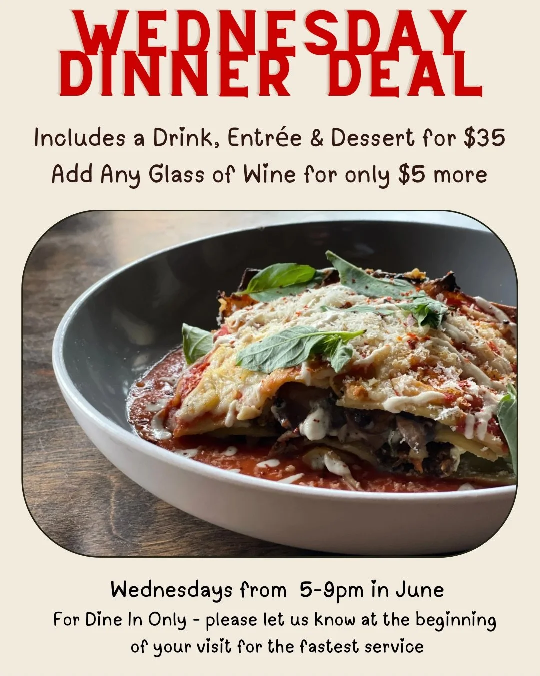 Our mid- week dinner deals just got a refresh! Check out the new offerings on Mondays + Thursdays 🍷🍝
