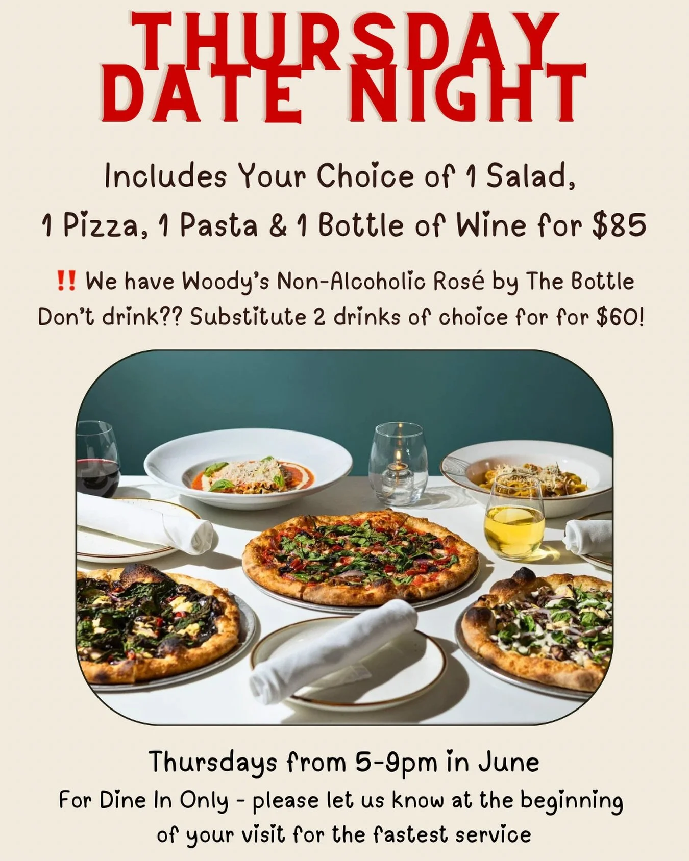Date night at Donna Jean 🍷🍕🍝🥗

Enjoy this epic deal Thursdays in June only 😍
