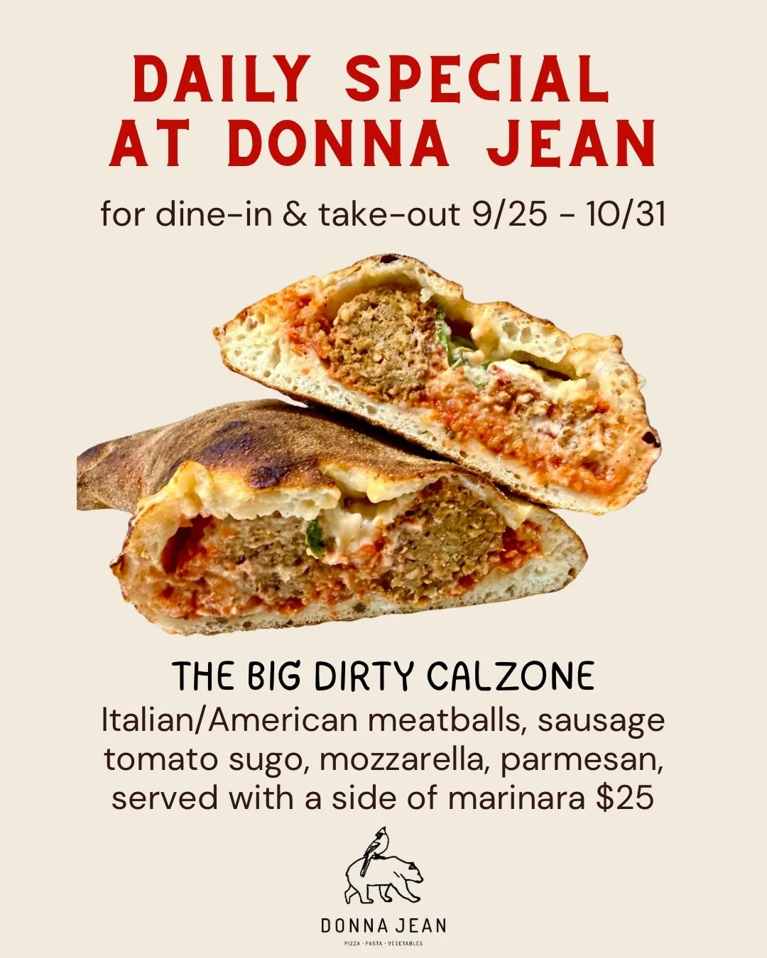 Our new fall specials start today 😁 Chef Roy made a meatball calzone and we decided it deserves a feature, it&rsquo;s too darn good. 

What night will we see you?!