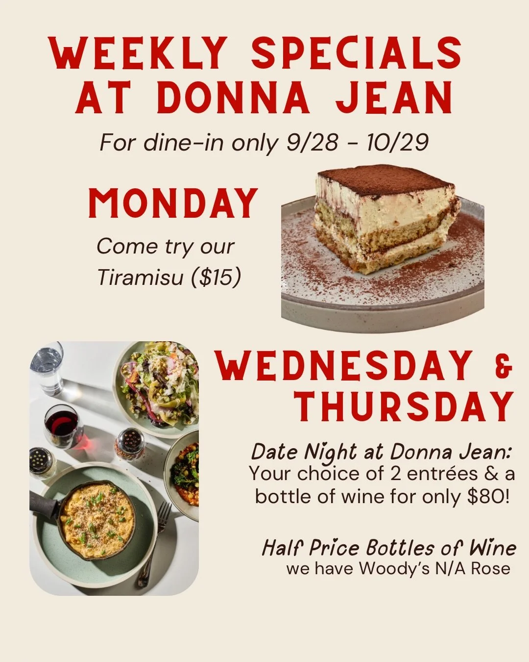 It&rsquo;s a new week with new specials! Monday nights are for Tiramisu.  Our date night deal is back every Wednesday + Thursday.  Hope to see you 🖤