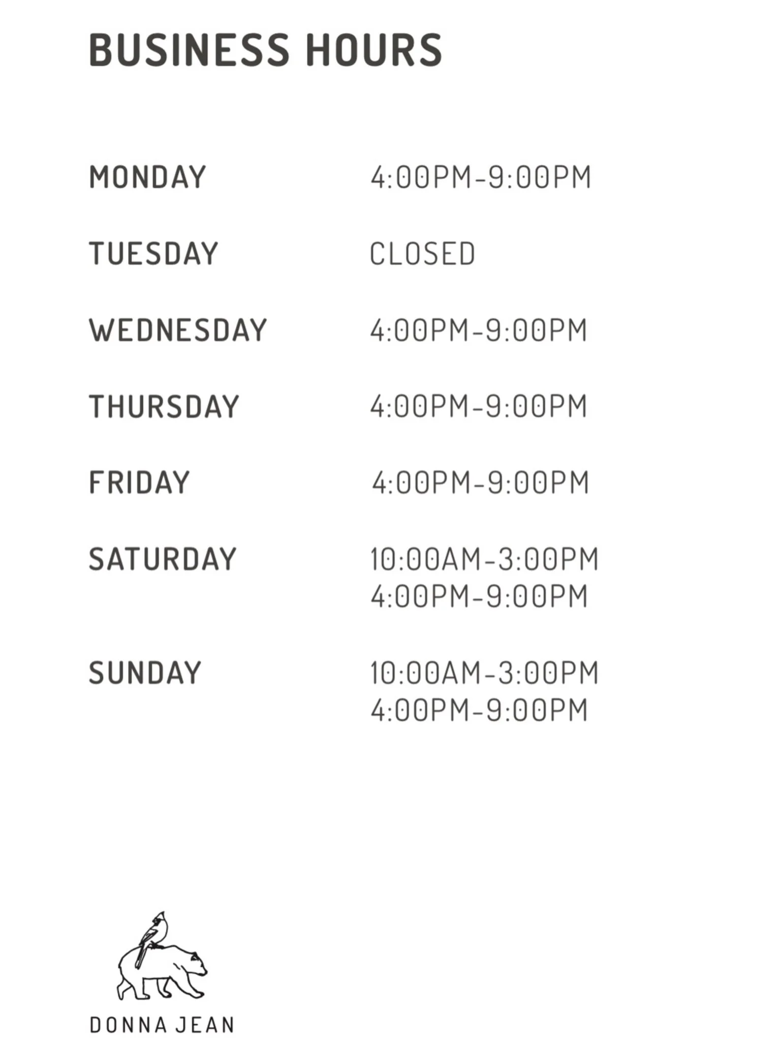 ‼️NEW HOURS STARTING FRIDAY 10/9‼️🚨

This Friday 10/9 we are extending our hours! 

We will be opening daily at 4pm for dinner &amp; 10am for weekend brunch. (Closed Tuesday)

We are hoping this will take some of the pressure off the 5pm rush and he