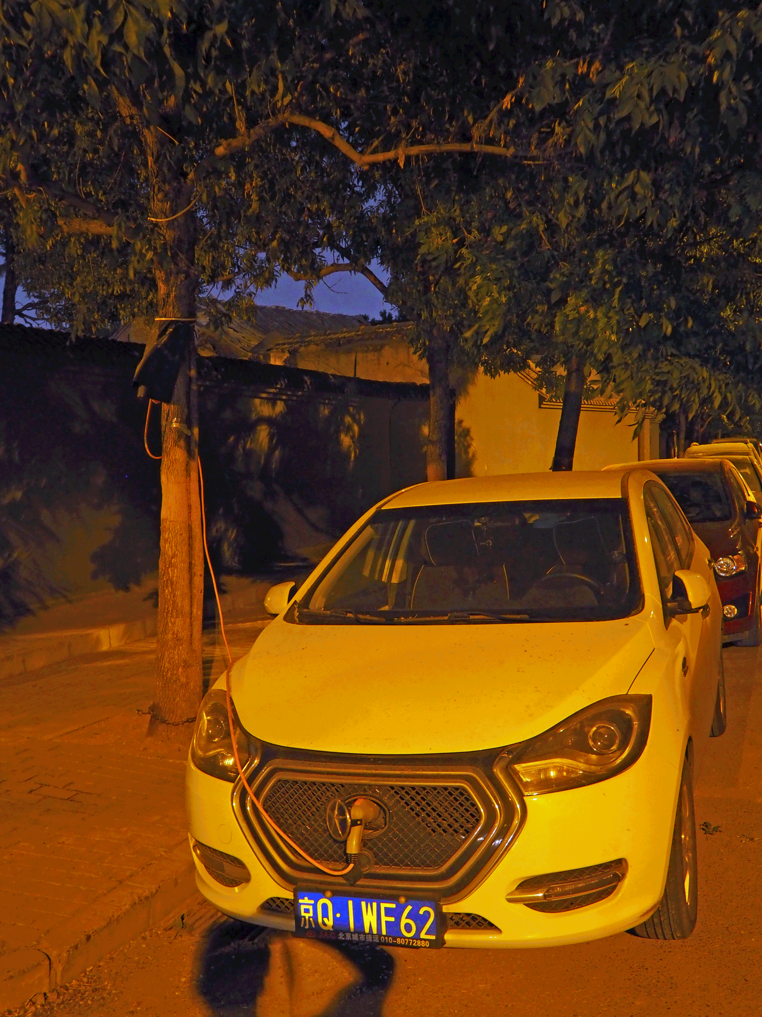 How green is Beijing? Electric car being recharged overnight directly from a tree!